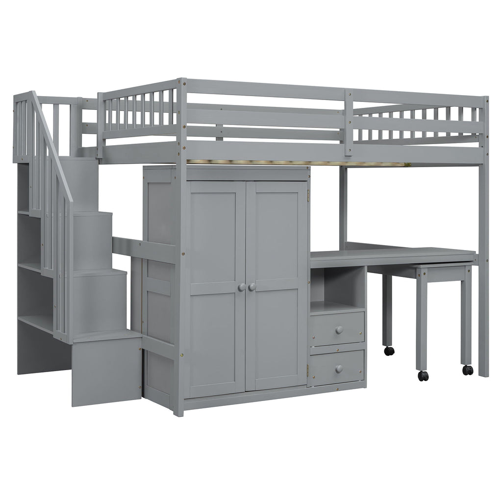 Loft Bed With Stairs, Bookshelf, Drawers, Desk & Wardrobe, Space Saving Multifunctional Furniture