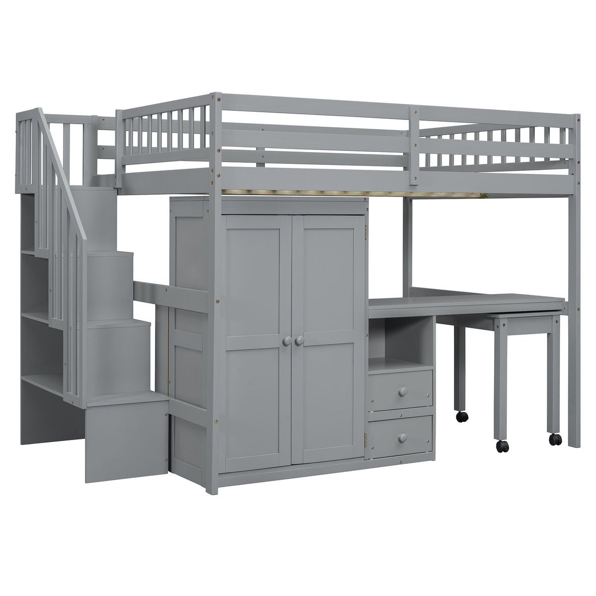 Loft Bed With Stairs, Bookshelf, Drawers, Desk & Wardrobe, Space Saving Multifunctional Furniture