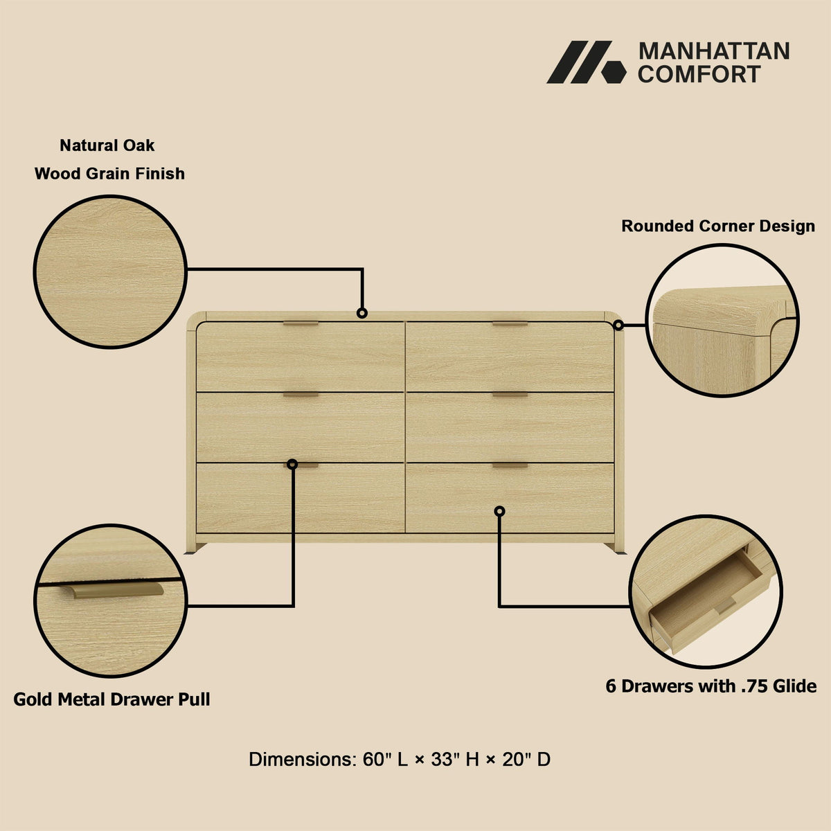 Grace - Double Dresser With 6 Drawers - Oak