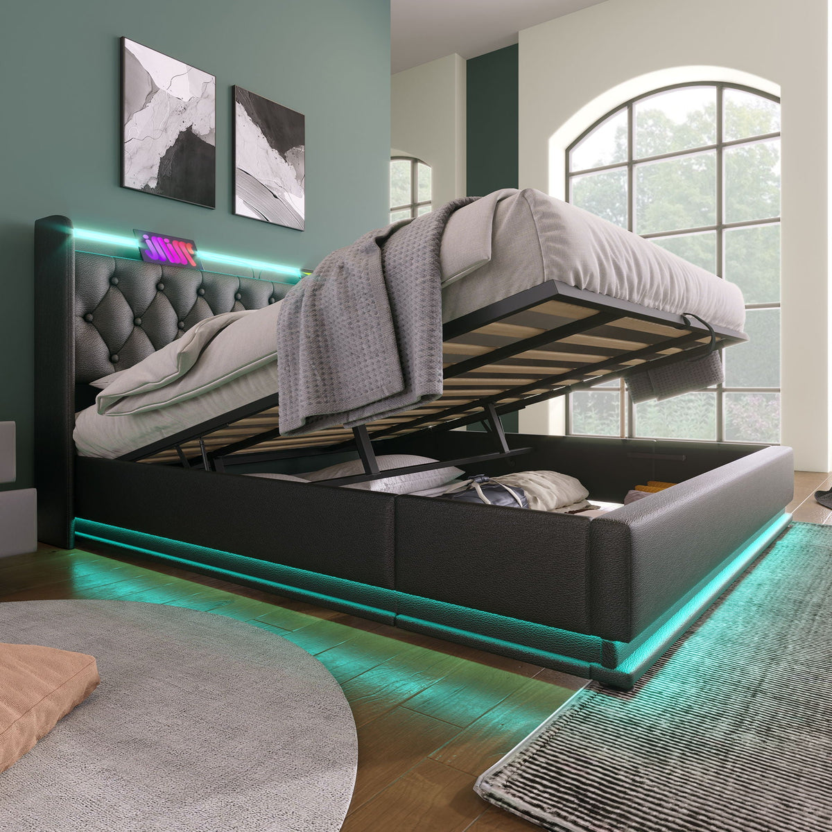 Upholstered Bed, 360 Surround LED Function, Remote Control, Hydraulic Storage Bed With USB, Type-C Charging (Without Mattress)