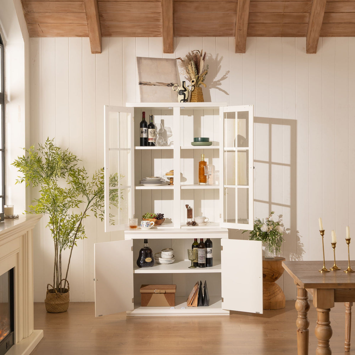 Retro Style Hutch Cabinet With Glass Door, China Cabinet For Home