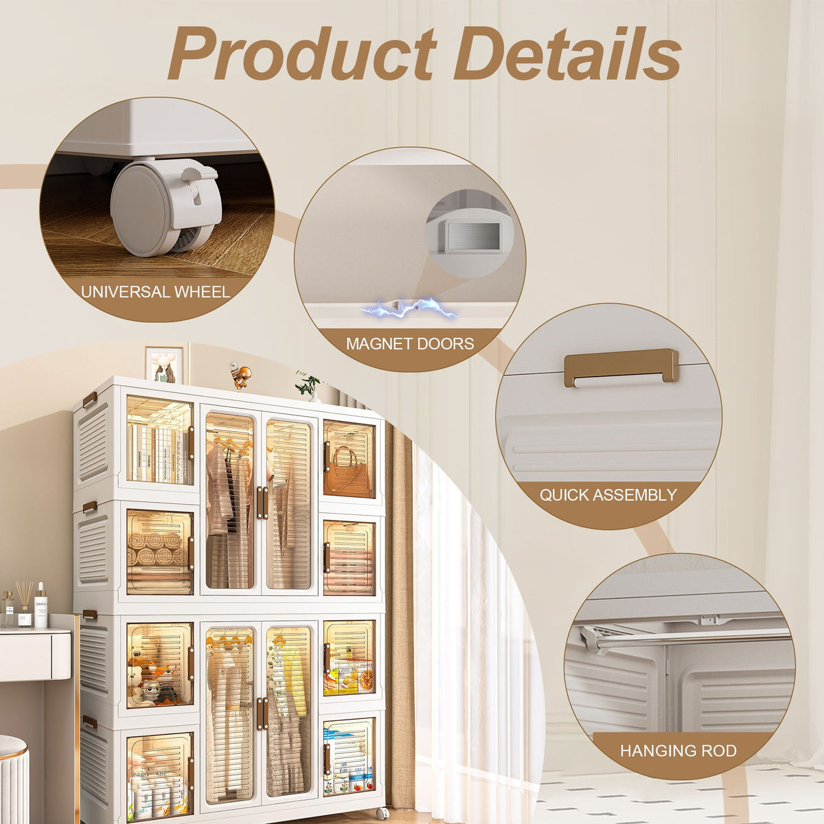 Portable Wardrobe Closet Storage Organizer For Clothes With Magnetic Doors, 12 Cubes & 2 Hanging Rods - White