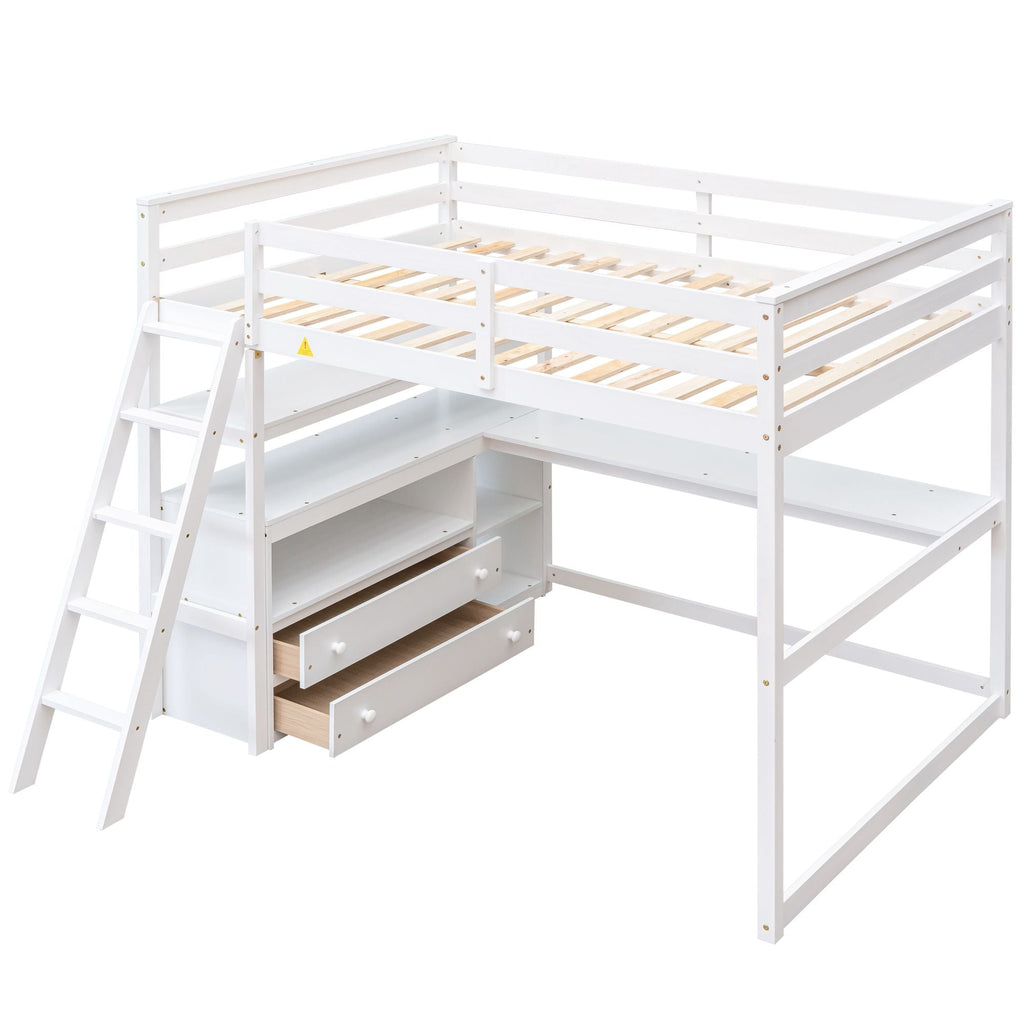 Modern Loft Bed With Built In Desk, Shelves, And 2 Drawers