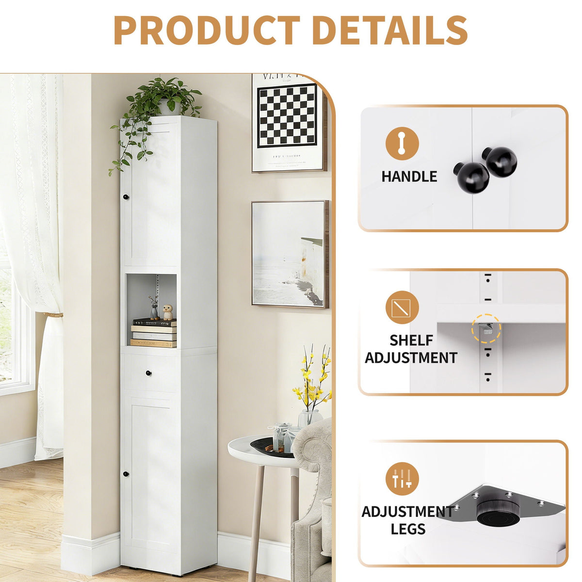 Tall Narrow Bathroom Cabinet With 5-Tier Storage, Adjustable Shelves, Freestanding - White