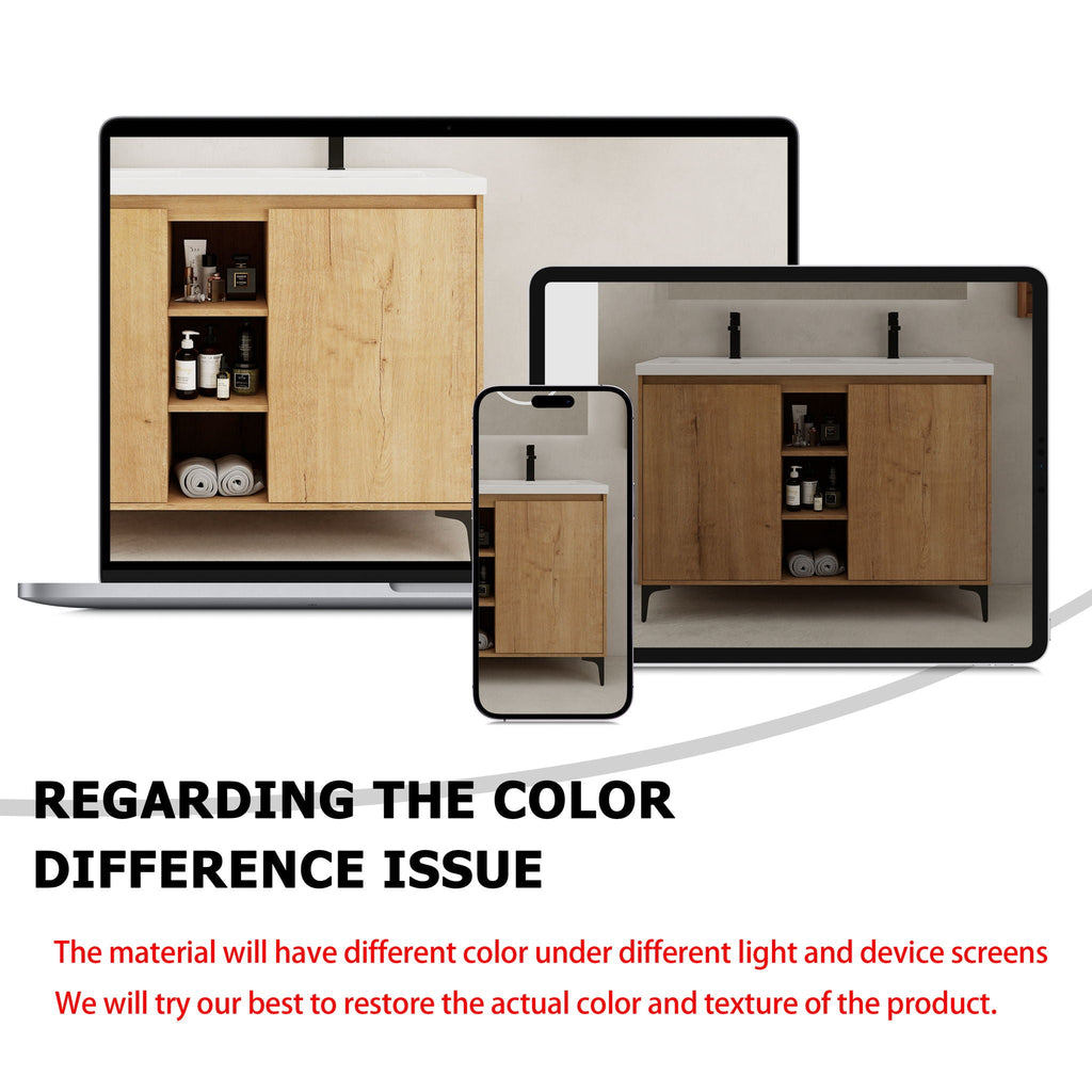 Elegant 48" Freestanding Bathroom Vanity With Double Resin Sink And Storage Rack Soft Close Doors - Imitative Oak