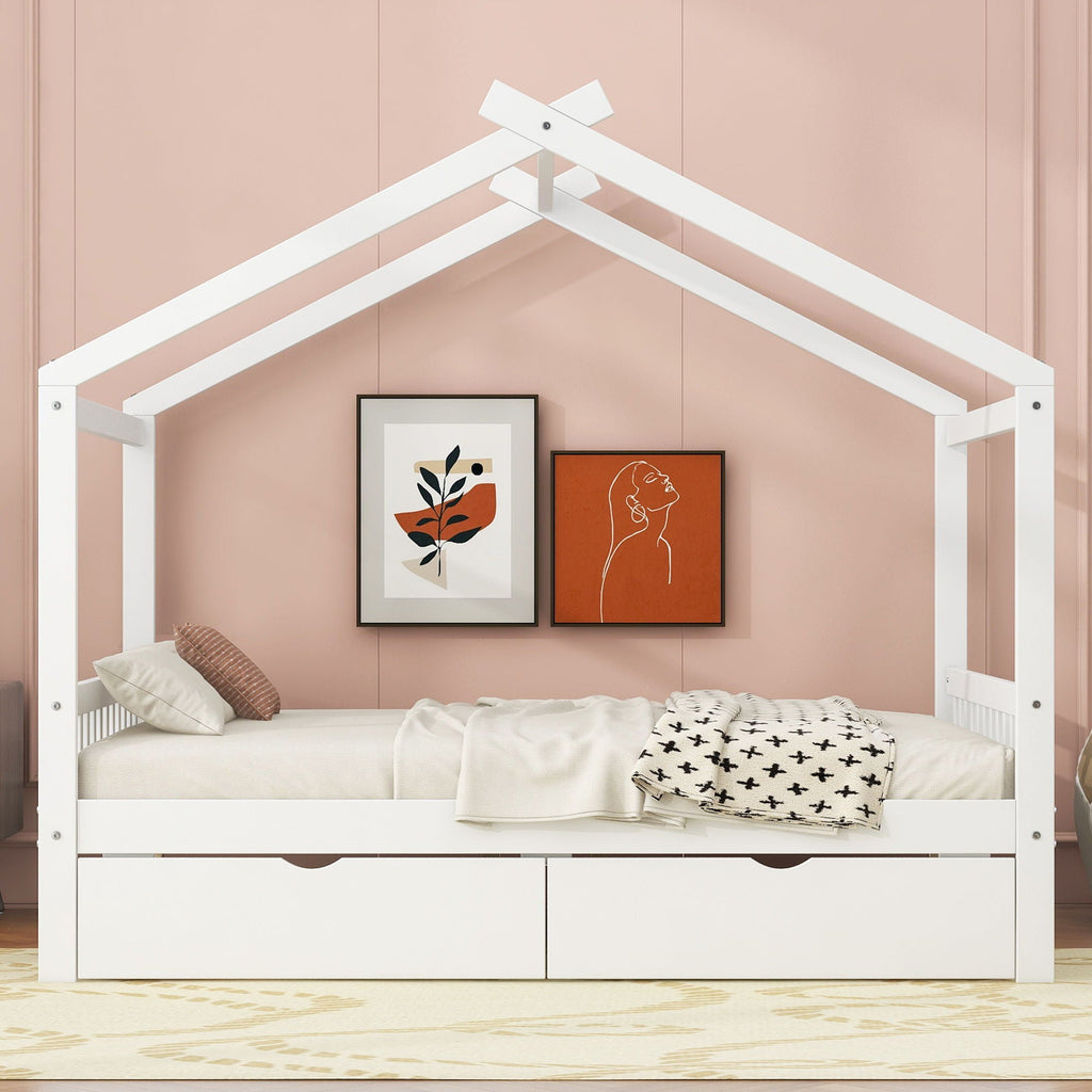 House Style Platform Bed With Headboard, Footboard, 2 Drawers, And Roof Design