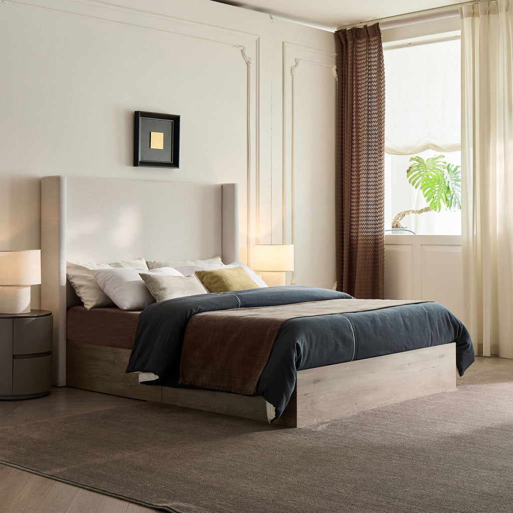 Shelton - Queen Upholstered Wingback Bed With 54" High Headboard - Ivory / Light Gray / Camel Oak