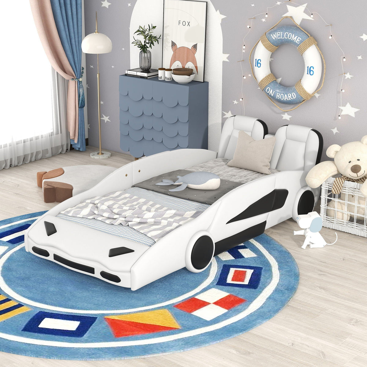 Race Car Shaped Twin Platform Bed With Wheels, Pine Wood Construction