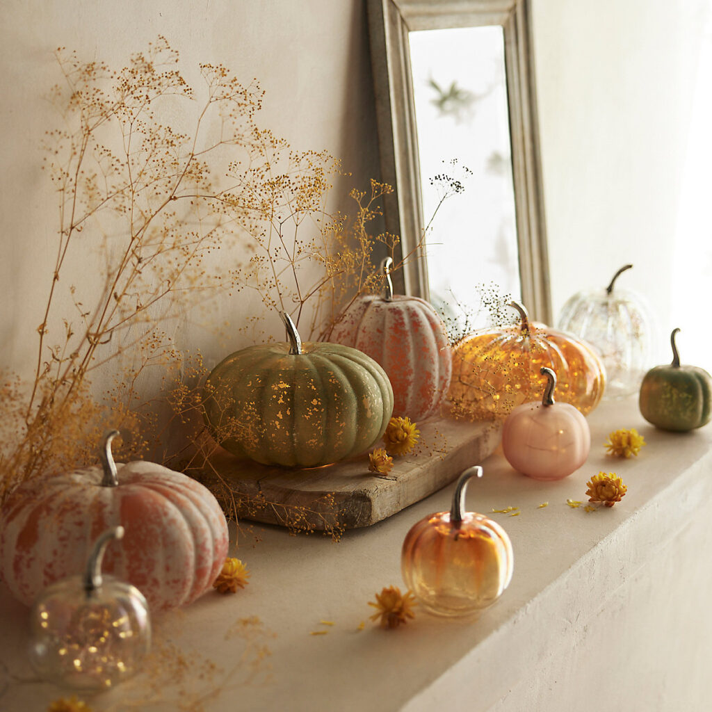 Amber Iridescent Glass Pumpkin with Brass Stem