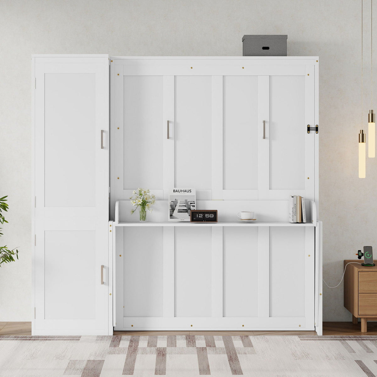 Queen Size Murphy Bed With Wardrobe, Space-Saving Hidden Wall Bed With Desk And Charging Station - White