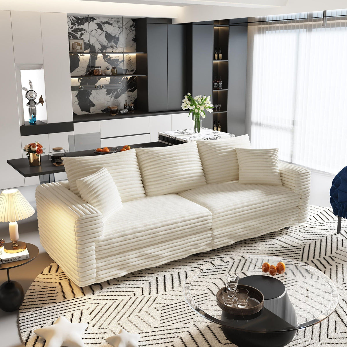 Deep Seat Convertible Sofa With Soft Pillows And Ottomans