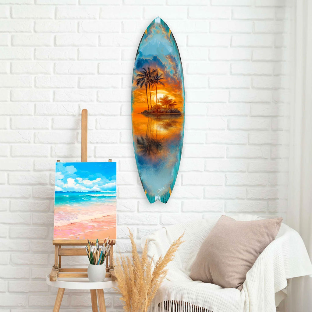 Tropical Sunset Surfboard Wall Art – Coastal Wall Decor - Handcrafted Surfboard Wall Decor for Beach House - Art by G. Debrekht  - 8490139HS