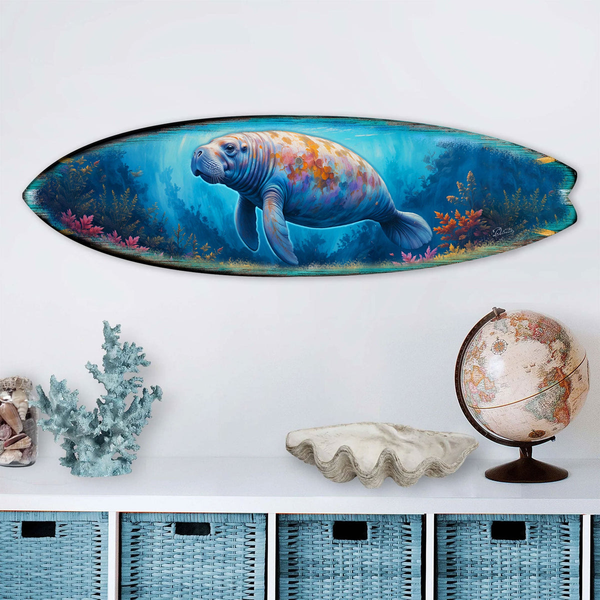 Manatee Surfboard Wall Art – Handcrafted Coastal Decor - Surfboard Wall Decor for Beach House - Art by G. Debrekht  - 8490140HS