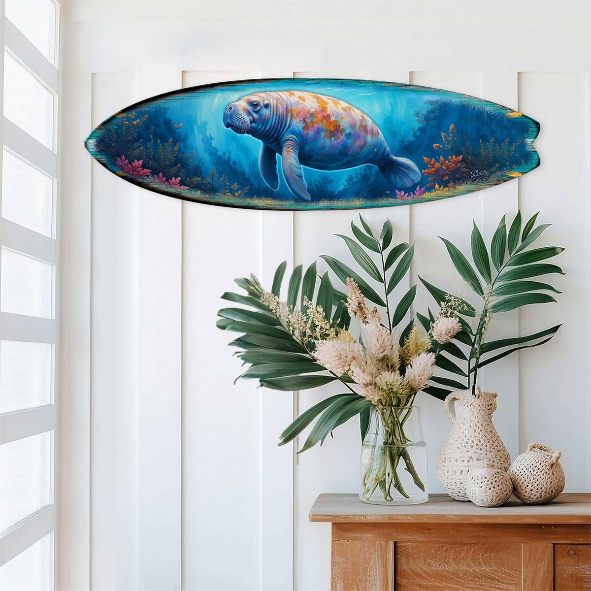 Manatee Surfboard Wall Art – Handcrafted Coastal Decor - Surfboard Wall Decor for Beach House - Art by G. Debrekht  - 8490140HS