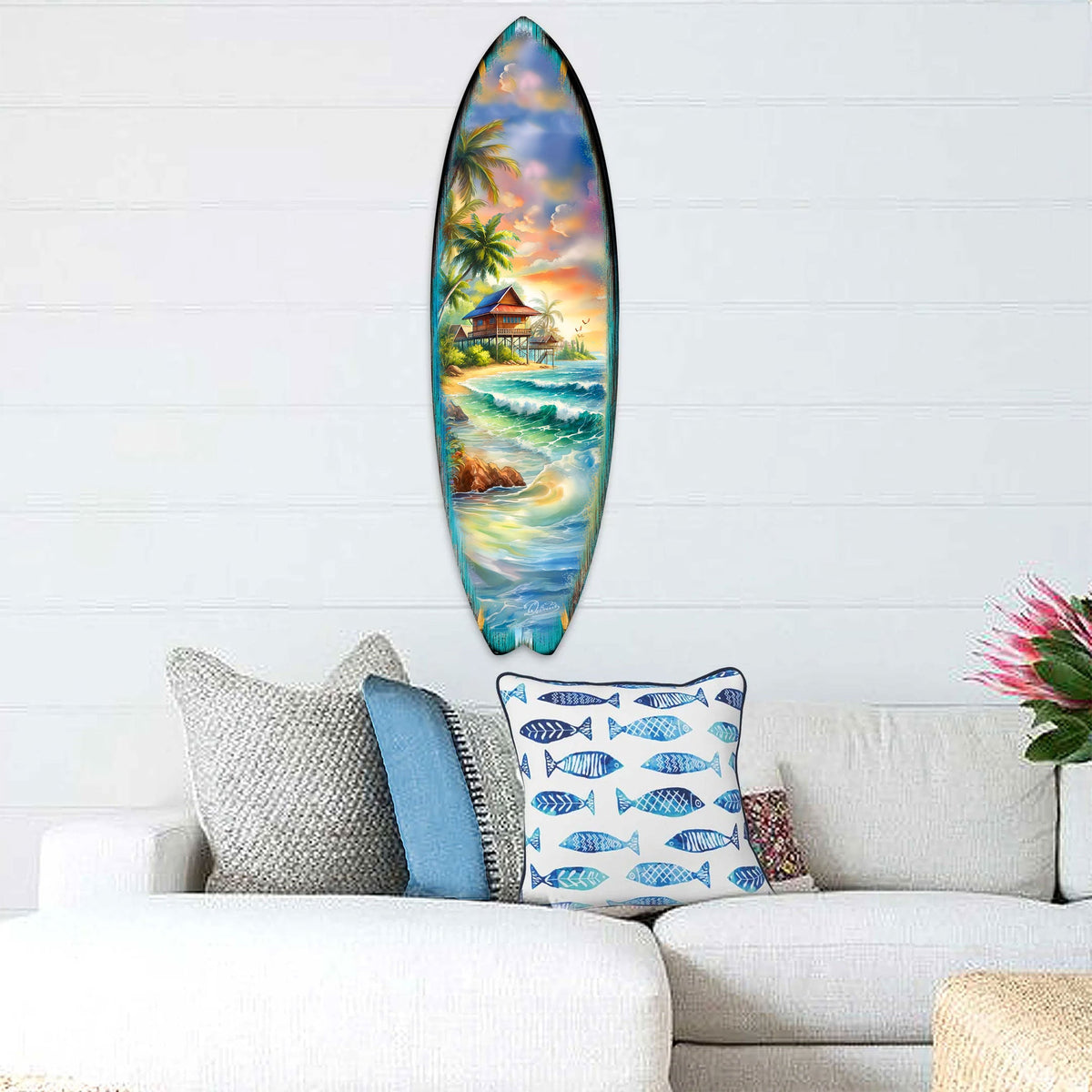 Tropical Beach House Surfboard Wall Art by G. DeBrekht – Handcrafted Coastal Decor - Surfboard Wall Decor for Beach House & Nautical Interiors - 8490142HS