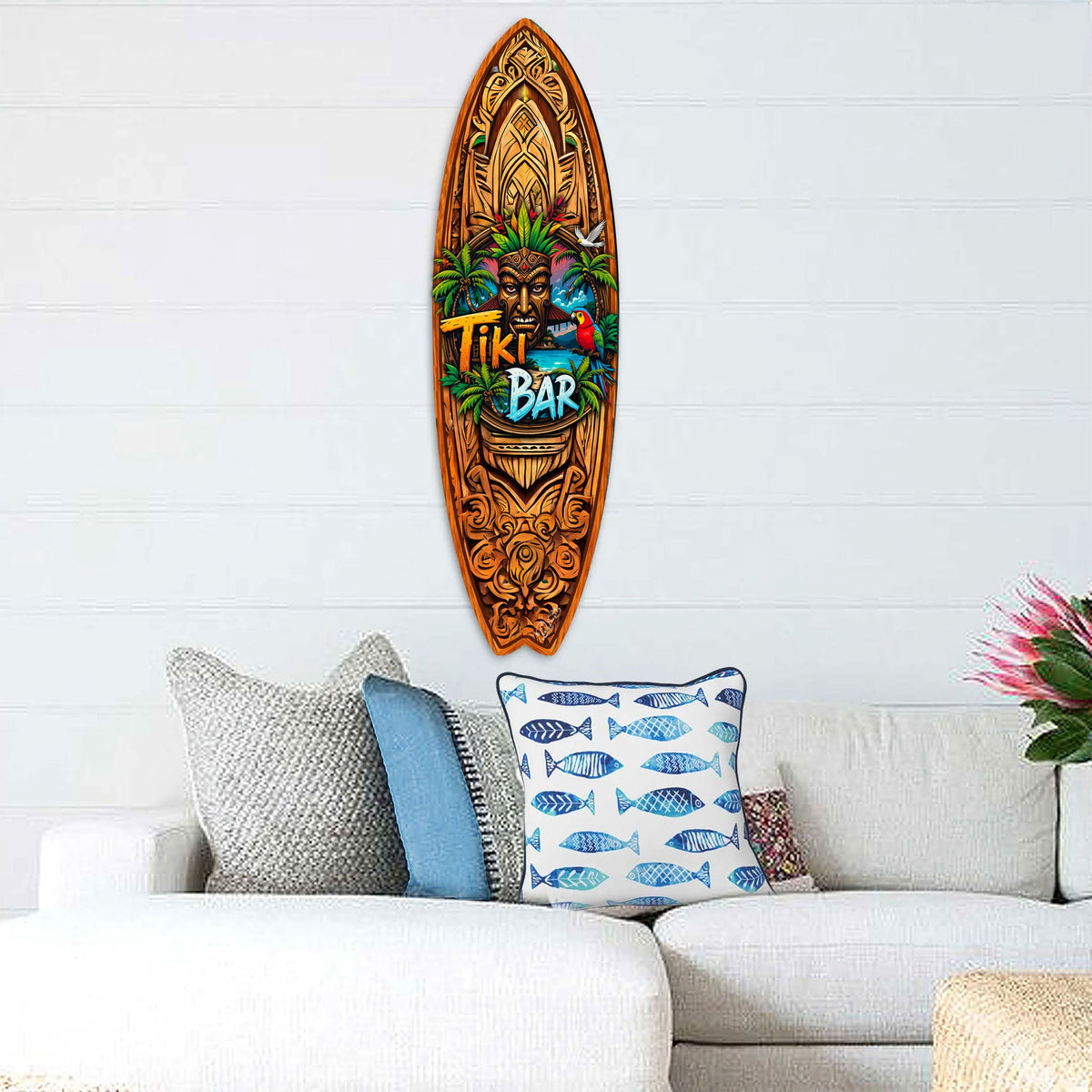 Tiki Bar Surfboard Wall Art by G. DeBrekht – Handcrafted Coastal Decor for Tiki Lounge & Beach House - 8490144HS