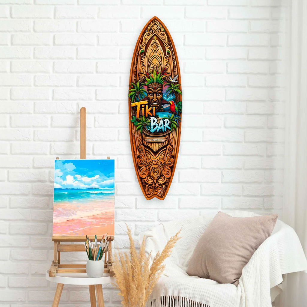 Tiki Bar Surfboard Wall Art by G. DeBrekht – Handcrafted Coastal Decor for Tiki Lounge & Beach House - 8490144HS