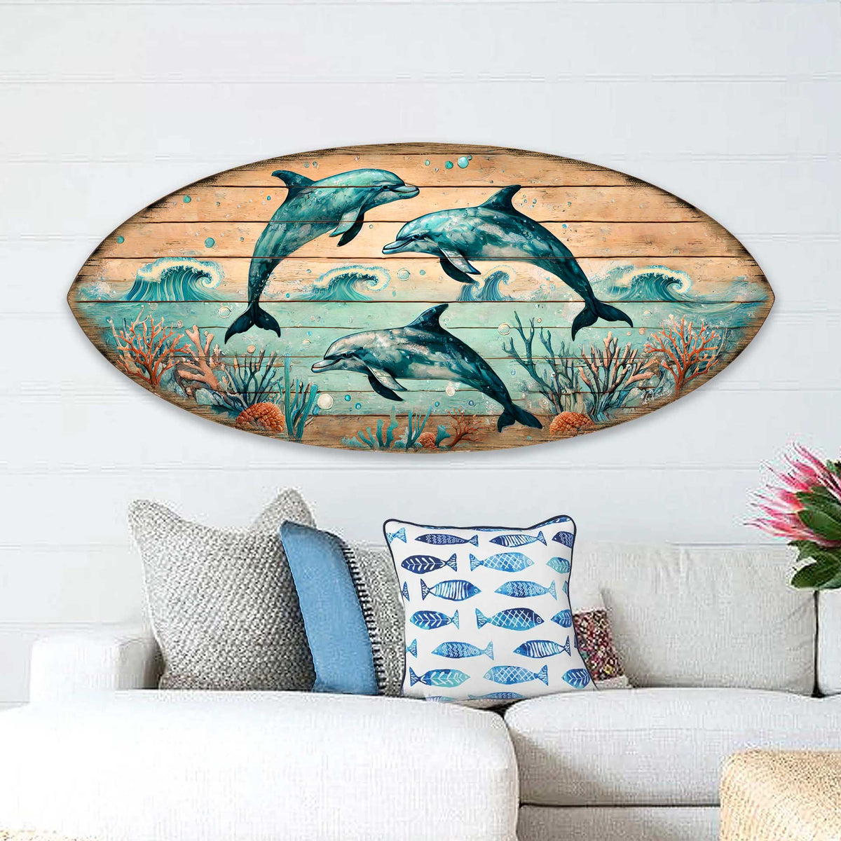 Dolphin Dance Surfboard Wall Art – Handcrafted Coastal Wooden Decor by G.DeBrekht – Beach House Ocean Decor – 8490149HS