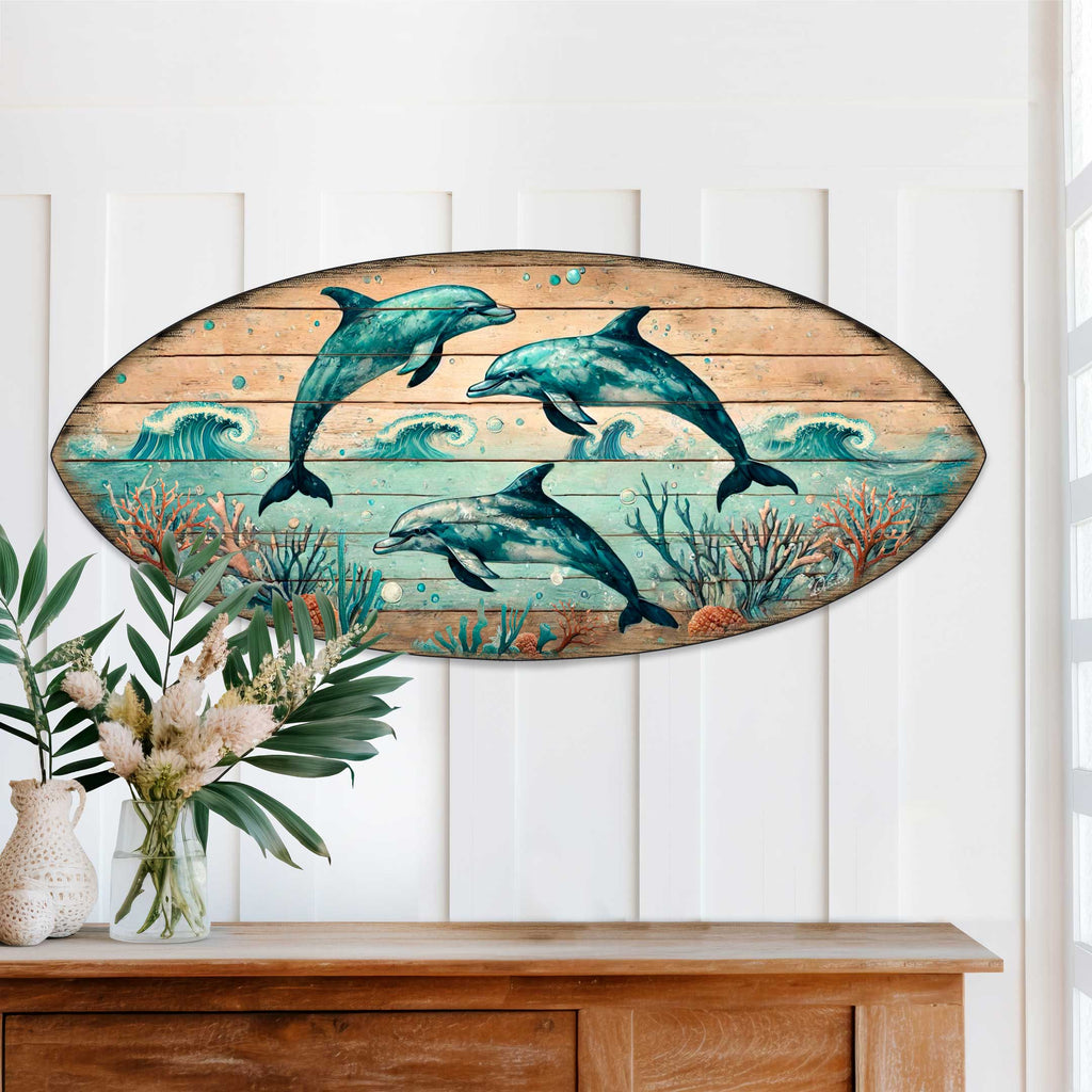 Dolphin Dance Surfboard Wall Art – Handcrafted Coastal Wooden Decor by G.DeBrekht – Beach House Ocean Decor – 8490149HS