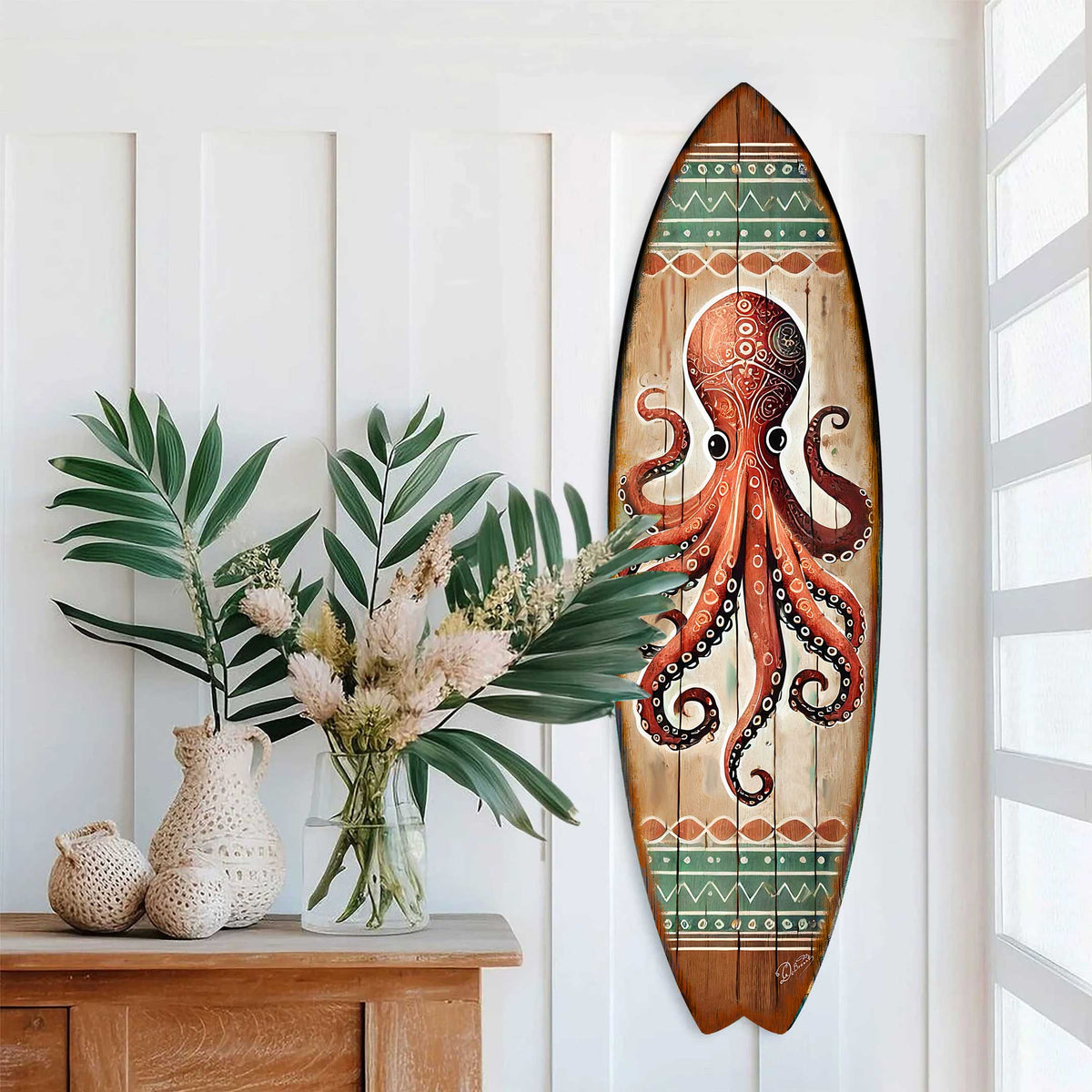 Octopus Surfboard Wall Art – Handcrafted Coastal Ocean Decor by G.DeBrekht – Nautical Wooden Sea Life Accent for Indoor & Outdoor – 8490152HS