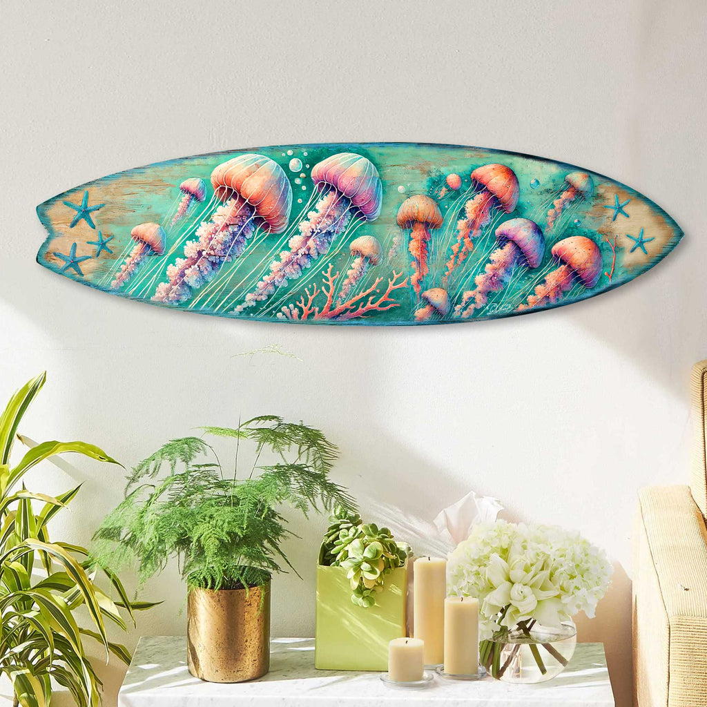 Jellyfish Surfboard Wall Art – Handcrafted Underwater Coastal Decor by G.DeBrekht – Ocean-Inspired Wooden Accent for Indoor & Outdoor – 8490153HS