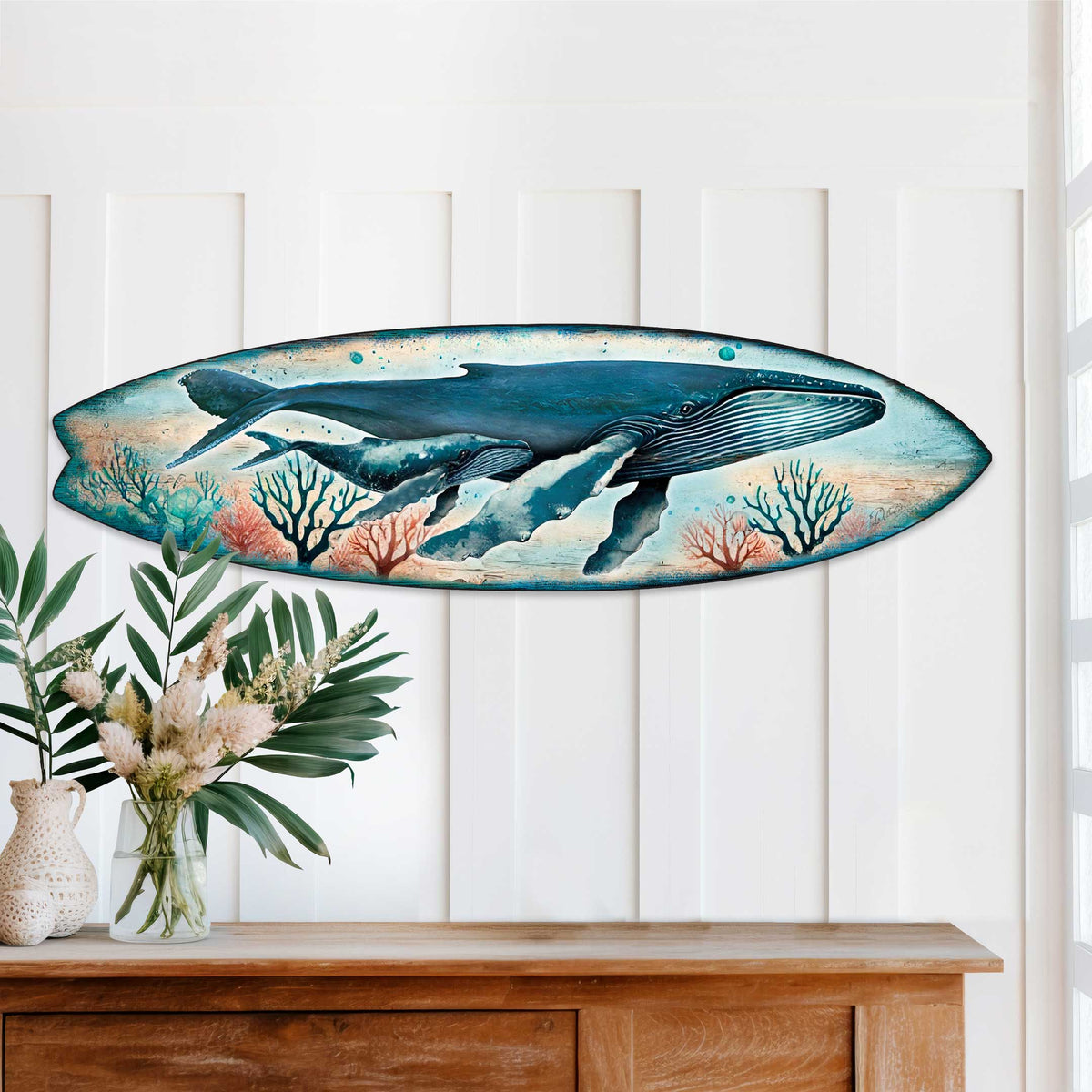 Whale Surfboard Wall Art – Handcrafted Coastal Ocean Decor by G.DeBrekht – Marine Life Beach House Accent for Indoor & Outdoor – 8490154HS