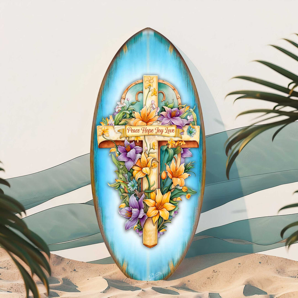Christian Coastal Wall Decor - Peace Hope Joy Love Cross Surfboard Wall Art – Handcrafted Religious Decor by G.DeBrekht  – 8490156HS
