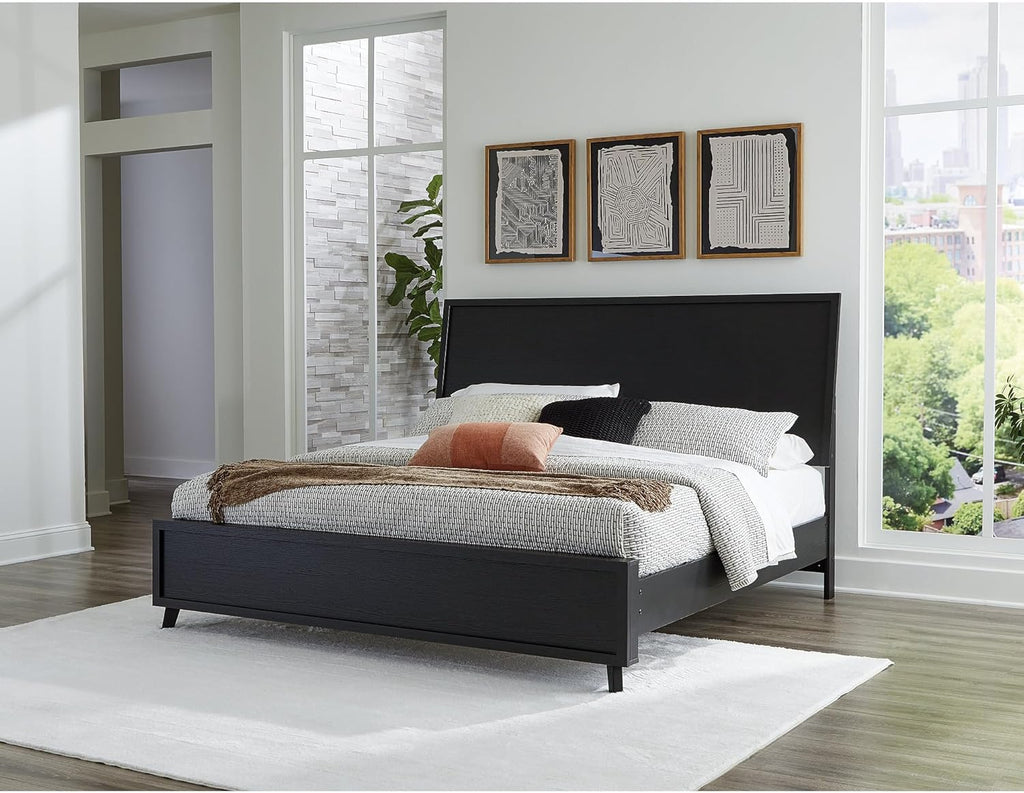 Signature Design by Ashley Danziar Modern King Panel Platform Bed with Angled Legs, Foundation or Box Spring Not Needed, Black