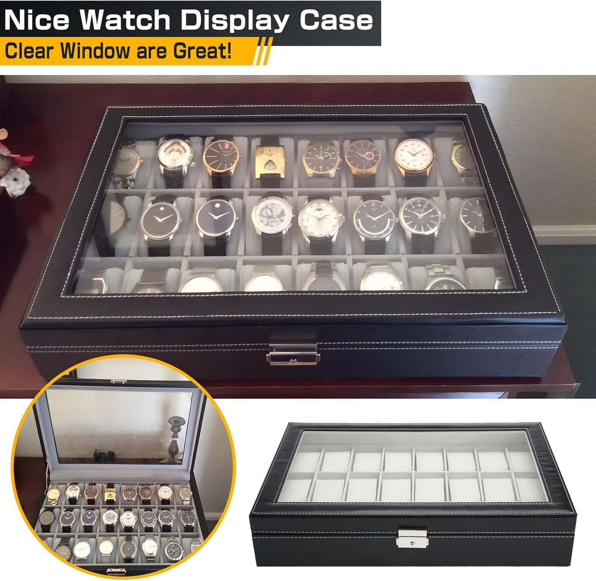 24 Slot Watch Box for Men, Watch Cases for Men, Watch Display Case, Glass Top PU Leather Watch Storage Organizer with Removable Pillows for Him
