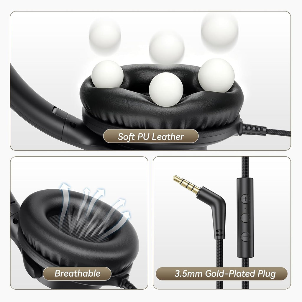 Wired Headphones with Mic, Volume & Playback Control, Over-Ear Foldable Headphones, 3.5Mm Plug, 90° Swivel Ear Cups, 4.9Ft Tangle-Free Cord for Tablet, Laptop, PC, School, Travel (Black)