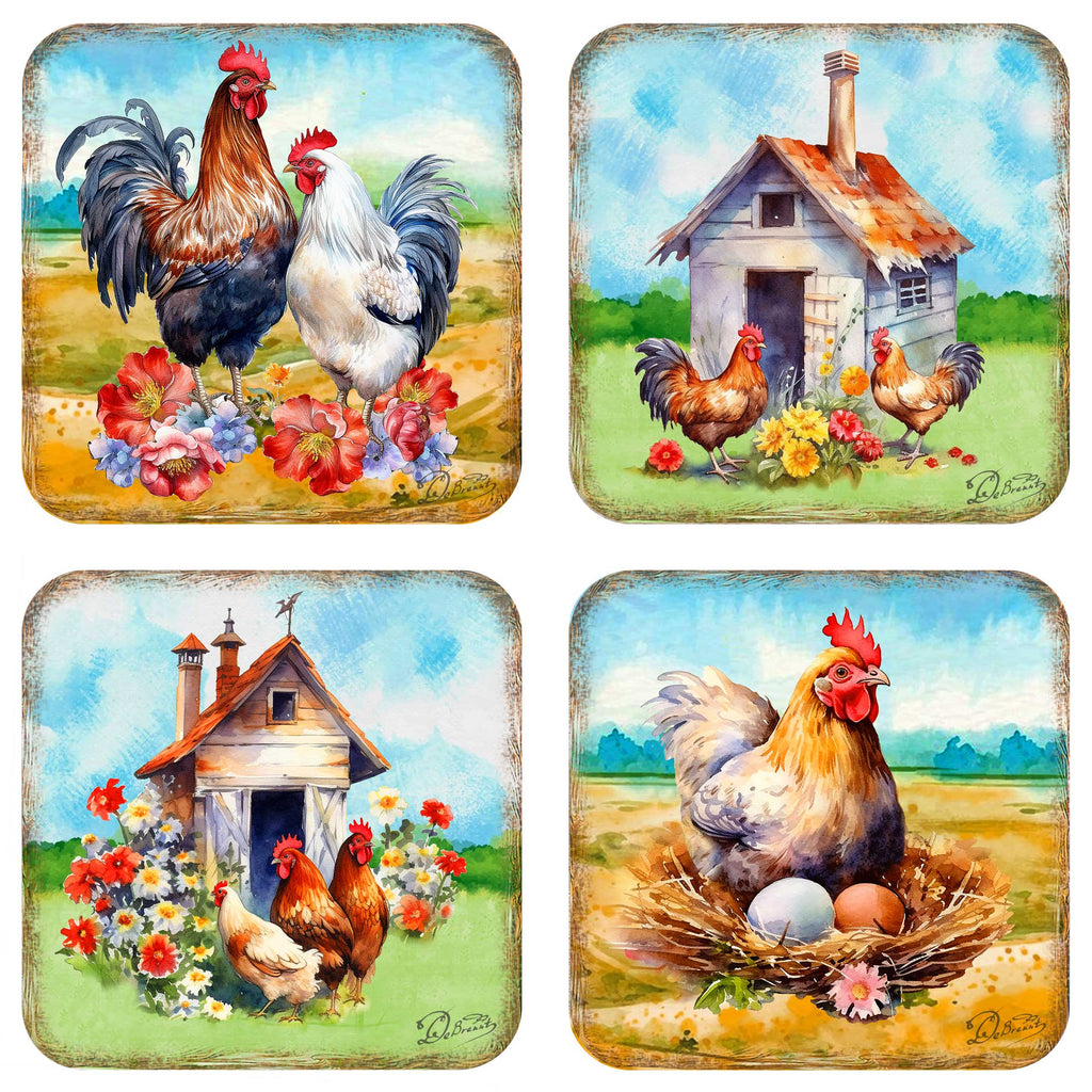 Spring on a Farm Wooden Cork Coasters Gift Set of 4 by G. Debrekht - Easter Spring Decor  - 8199436C-S4