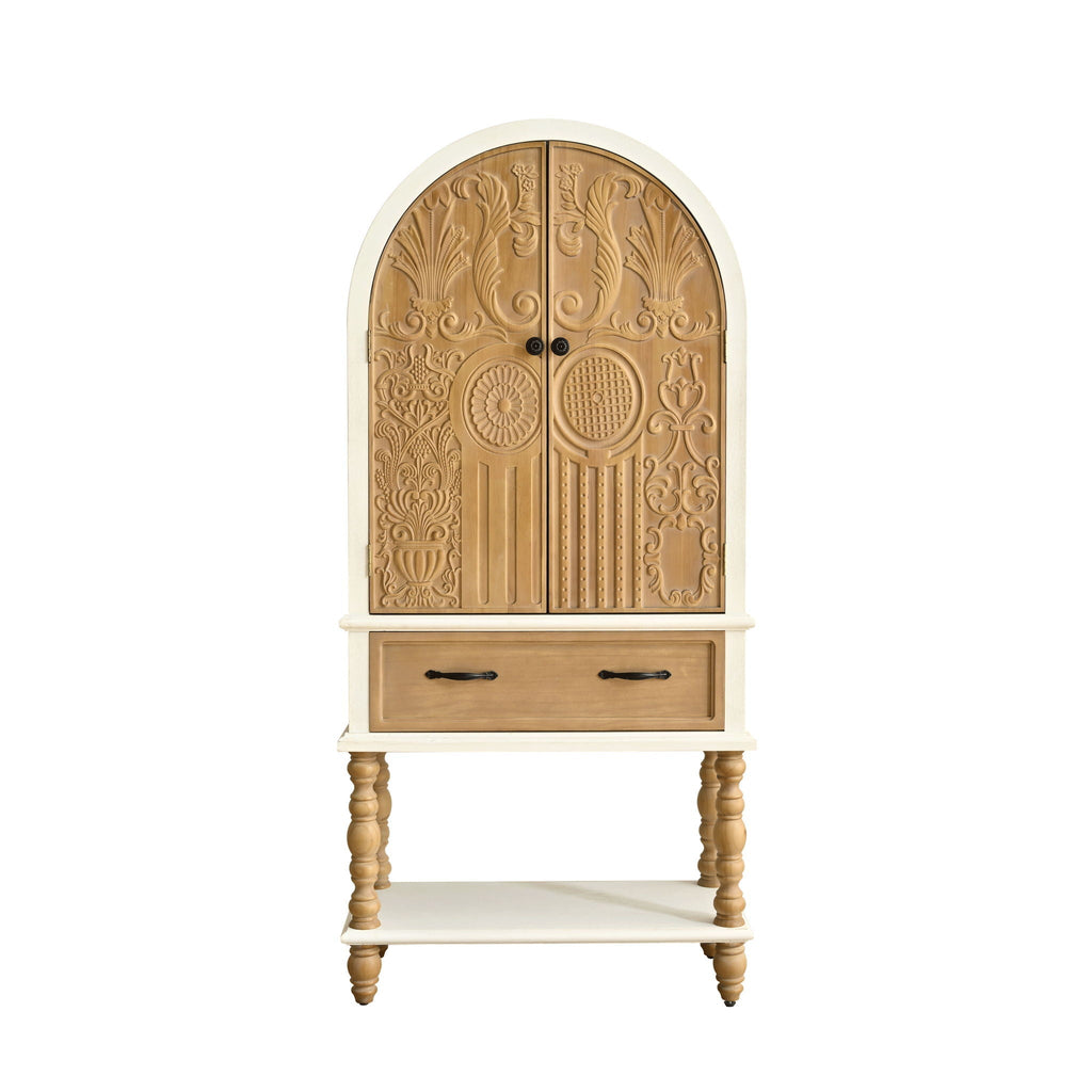 Arched Flower Carved Door Accent Sideboard Cabinet With 1 Drawer And Shelf, Cabinet For Kitchen - Natural / White