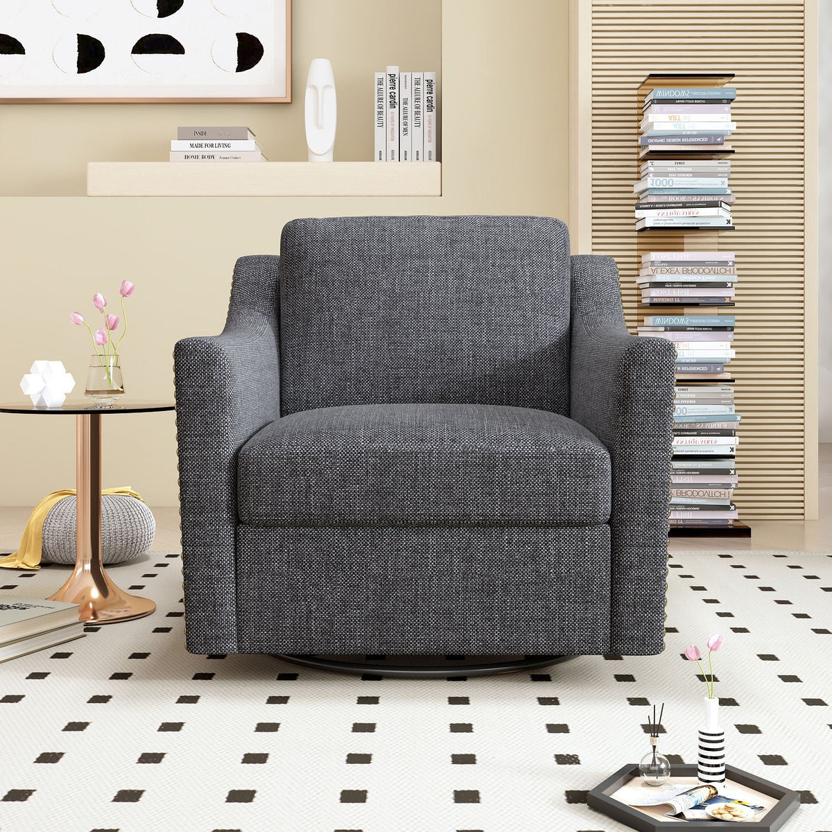 360 Degree Swivel Armchair, Skin Friendly Fabric, Ergonomic Design, Brass Nail Decorative Armchair