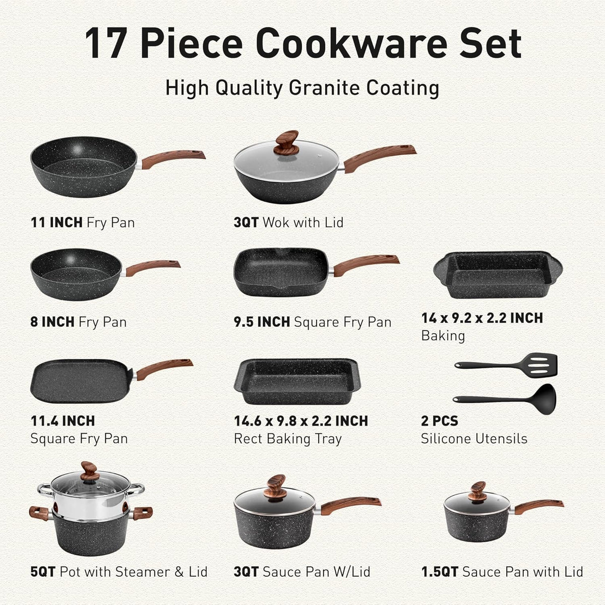17 Piece Pots and Pans Set Non Stick, Nonstick Induction Granite Kitchen Cookware Set, Non Toxic Cookware Set with Frying Pans and Saucepan, Cooking Sets Pots and Pans, Black