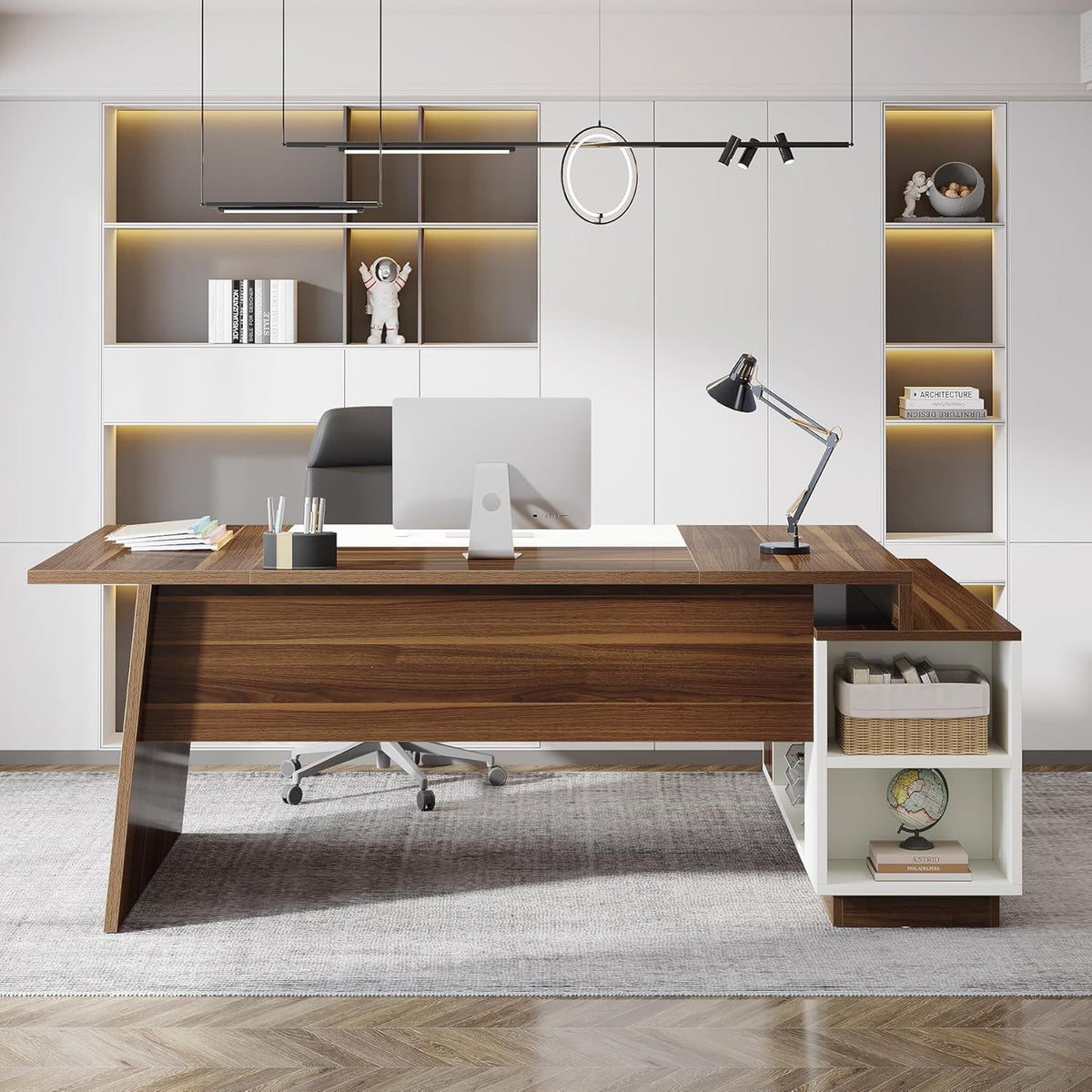 L-Shaped Executive Desk With Storage Cabinet And Shelves For Home Office - White / Walnut