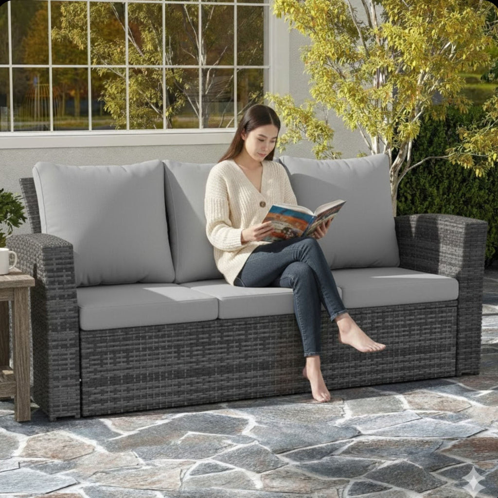 All-Weather Wicker 3 Seat Patio Sofa With Thick Cushions