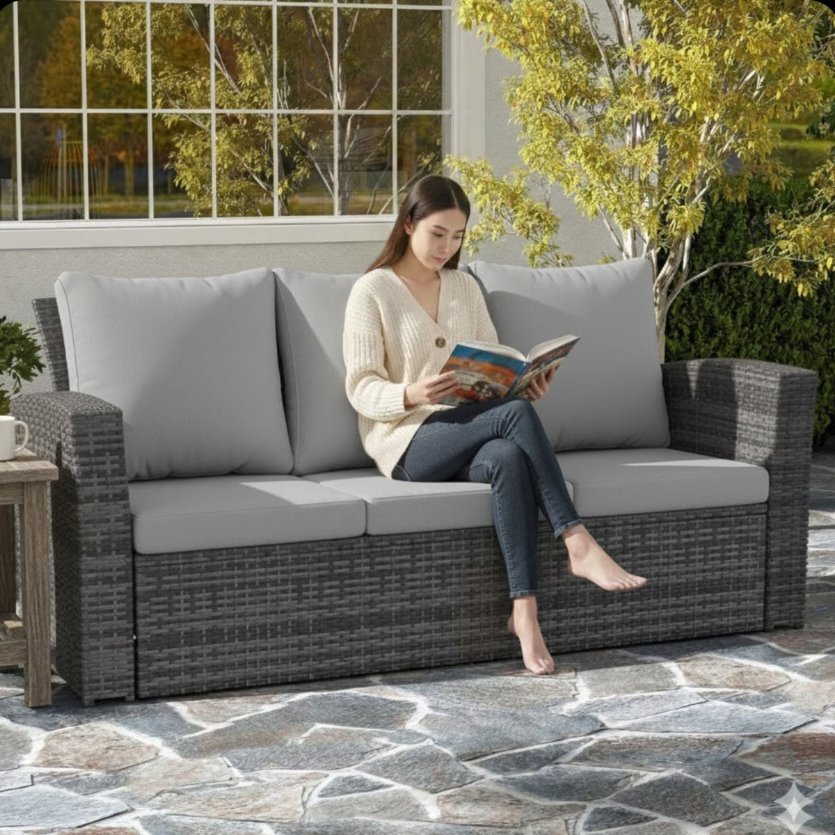 All-Weather Wicker 3 Seat Patio Sofa With Thick Cushions