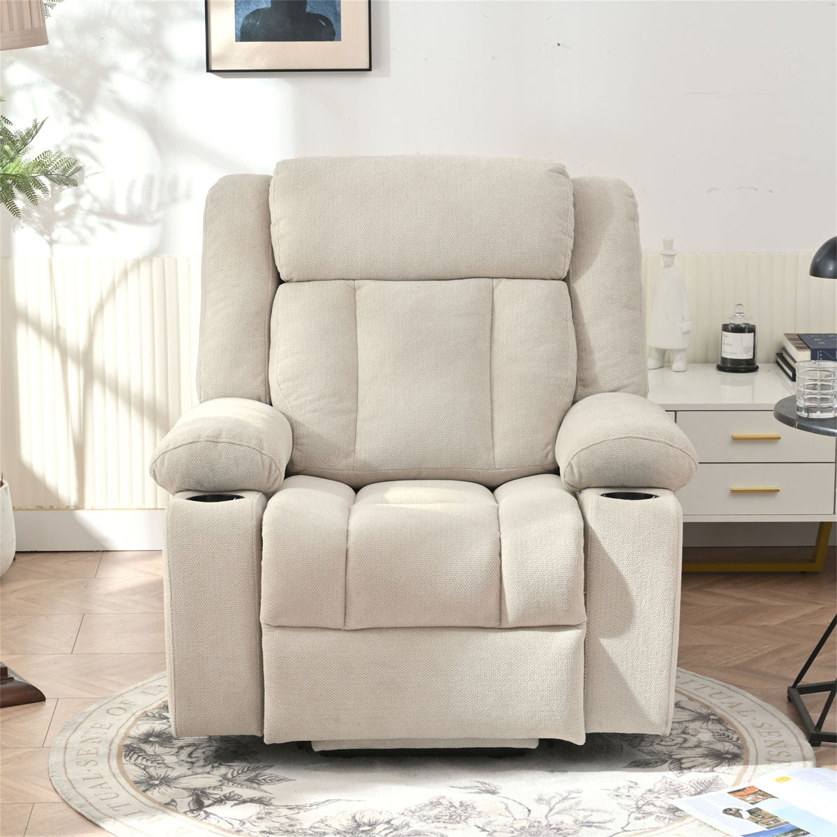 Power Lift Recliner Chair With Extended Footrest, Remote Control, Cup Holders, And Side Pockets