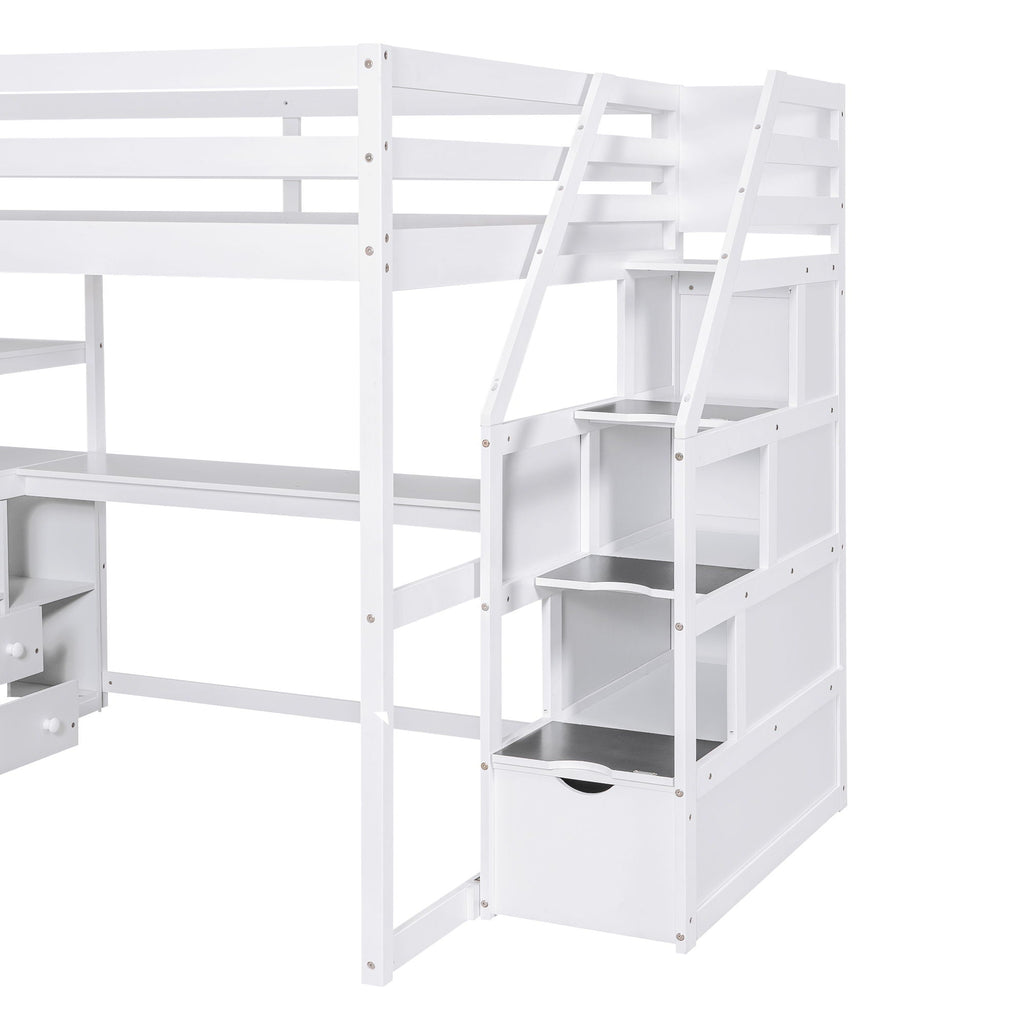 Loft Bed With Desk, Shelves, 2 Drawers, Storage Staircase