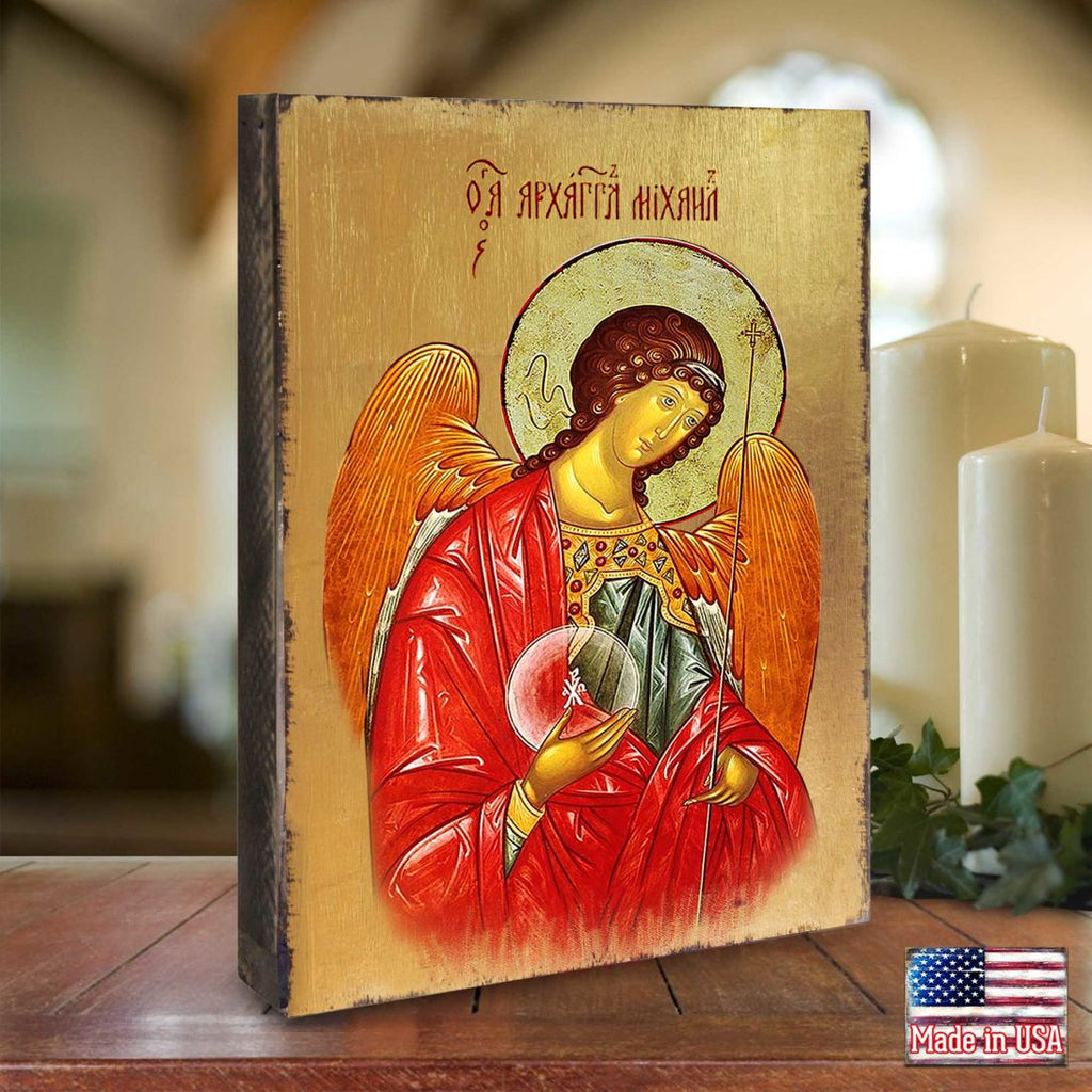 Archangel Michael Wooden Gold Plated Religious Orthodox Sacred Icon - Inspirational Icon Decor - 85027