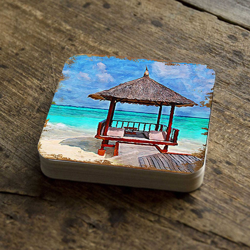 Beach Cabana Coastal Wooden Cork Coasters Gift Set of 4 by Nature Wonders - Coastal Sea-Life Decor - 95270C-S4