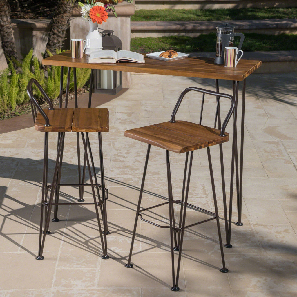 Dione Outdoor Industrial Acacia Wood Bar Set With Metal Frame And Slat Paneling - Brown