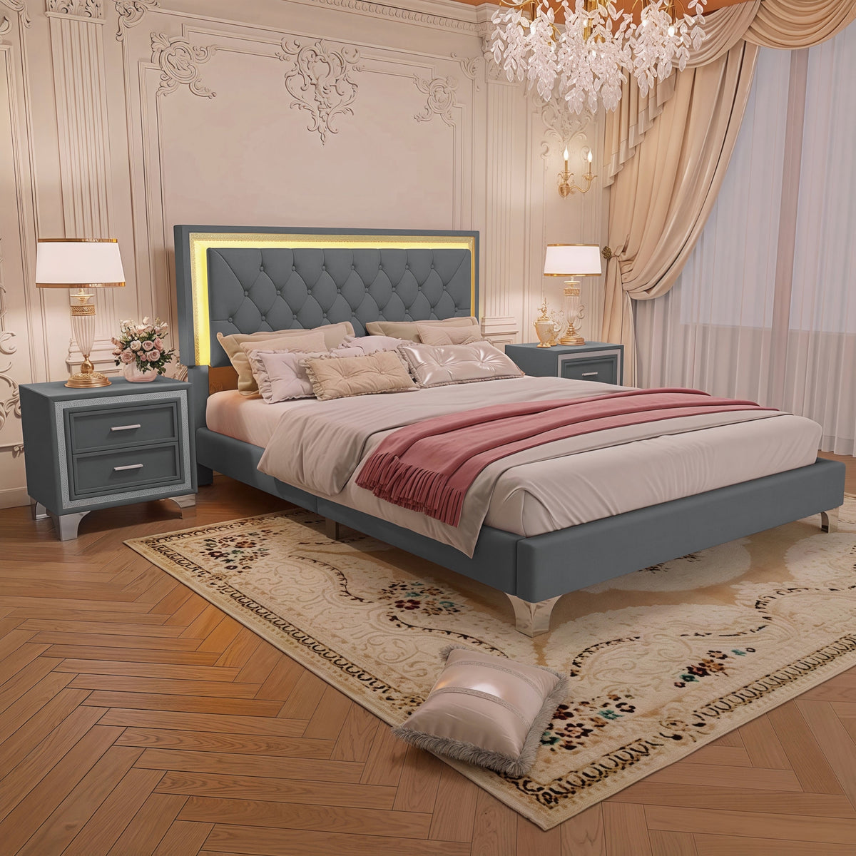 3-Pieces Bedroom Set, Queen Size Upholstered Platform Bed with LED Lights and Two Nightstands - Gray