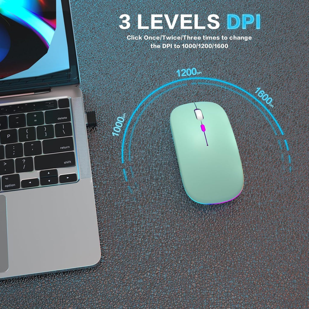 Wireless Bluetooth Mouse, Rechargeable, Dual Mode Bluetooth 5.2 & 2.4G USB, LED Lights, Slim, Silent, Portable Computer Mouse for Laptop, PC, Macbook, Ipad, Tablet (Green)