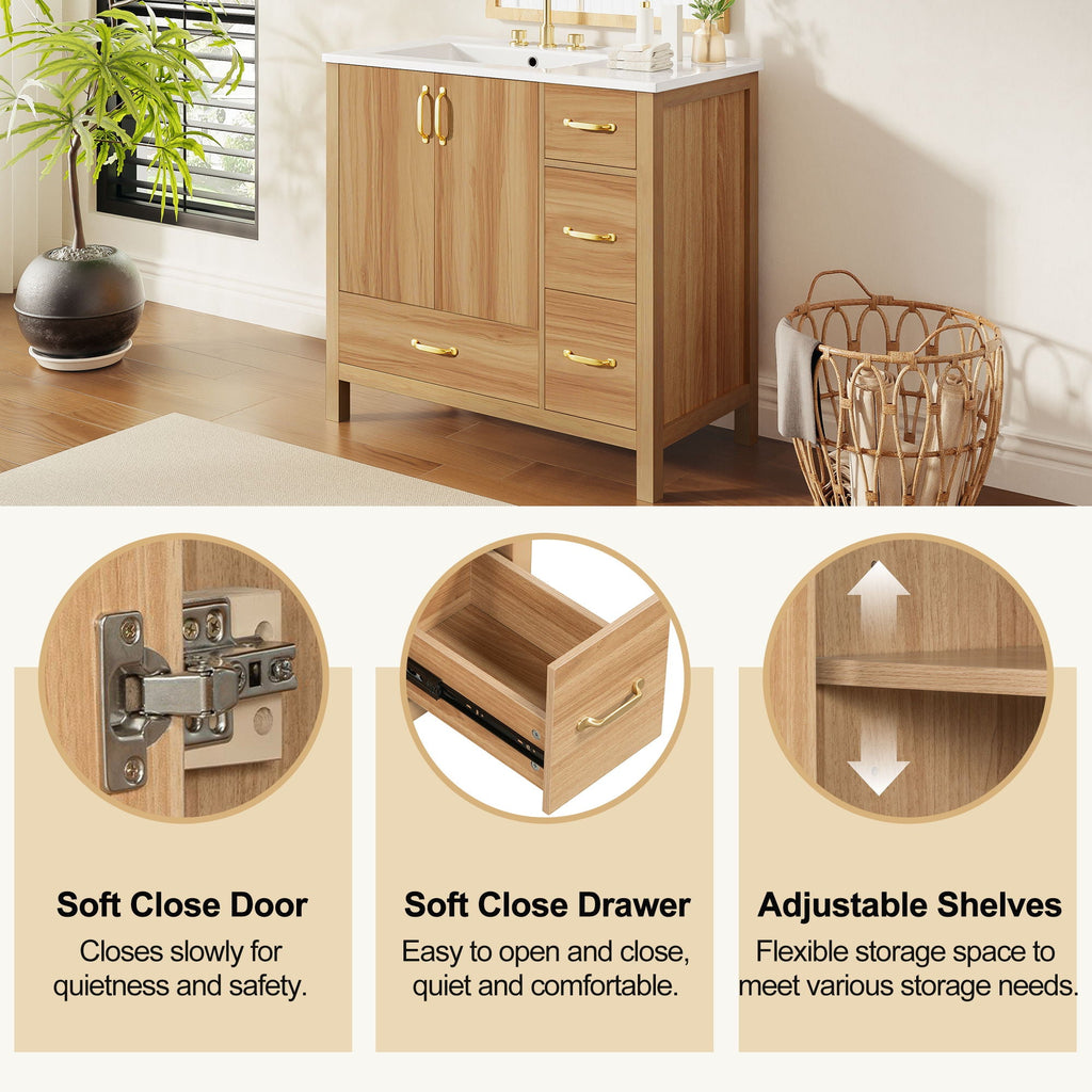 36" Bathroom Vanity, 2 Soft Close Doors, 4 Soft Close Drawers, Adjustable Shelf, Storage Cabinet - Acacia Wood