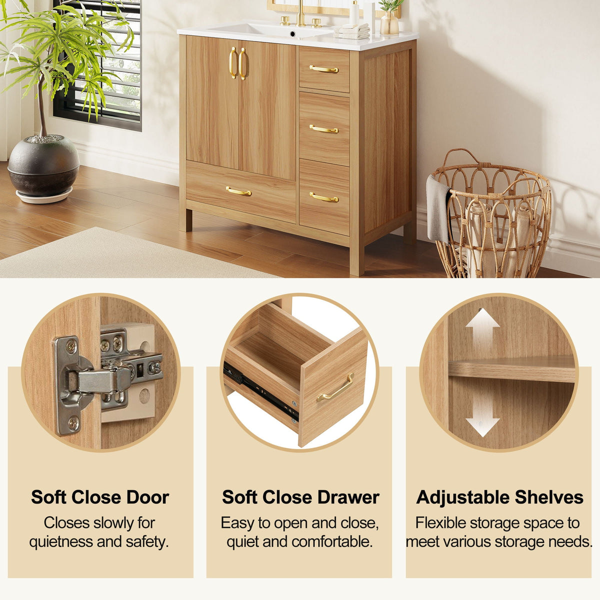 36" Bathroom Vanity, 2 Soft Close Doors, 4 Soft Close Drawers, Adjustable Shelf, Storage Cabinet - Acacia Wood