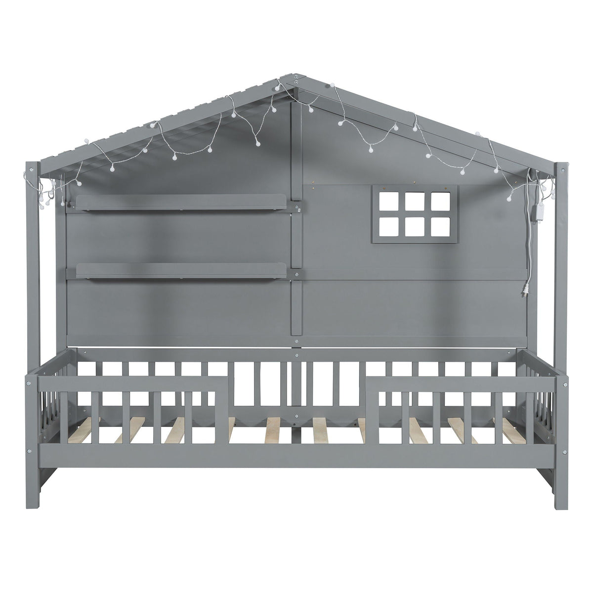 House Bed With Shelves, Window And Sparkling Light Strip On The Roof