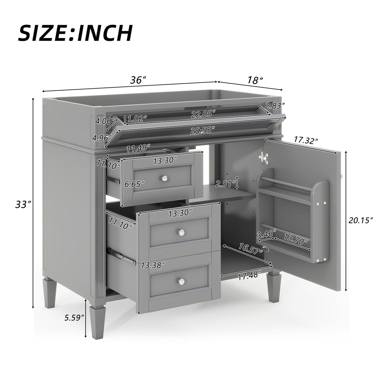 Bathroom Vanity With 2 Drawers And Tip-Out Drawer, Storage Cabinet