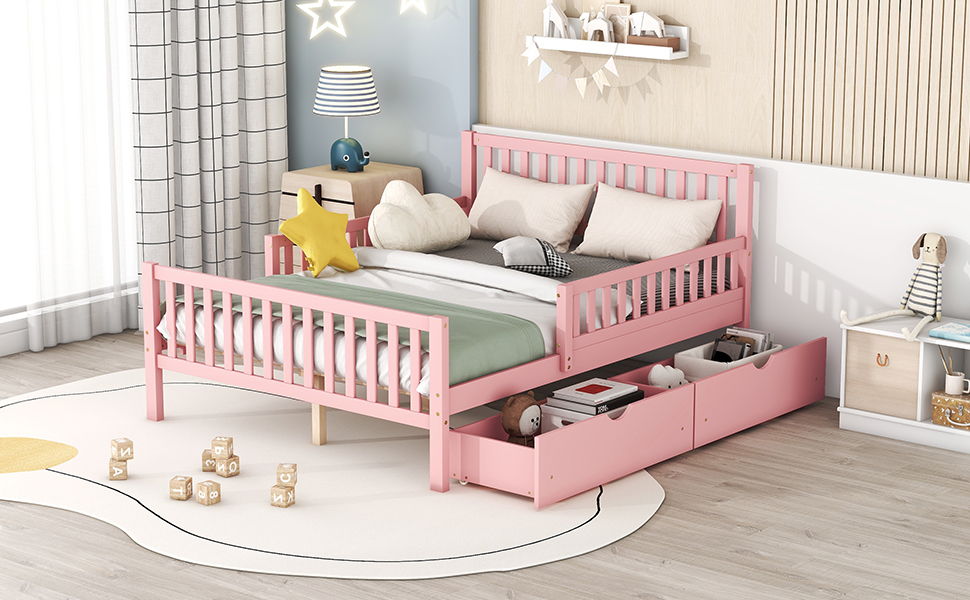 Platform Bed With Guardrails On Both Sides And 2 Storage Drawers