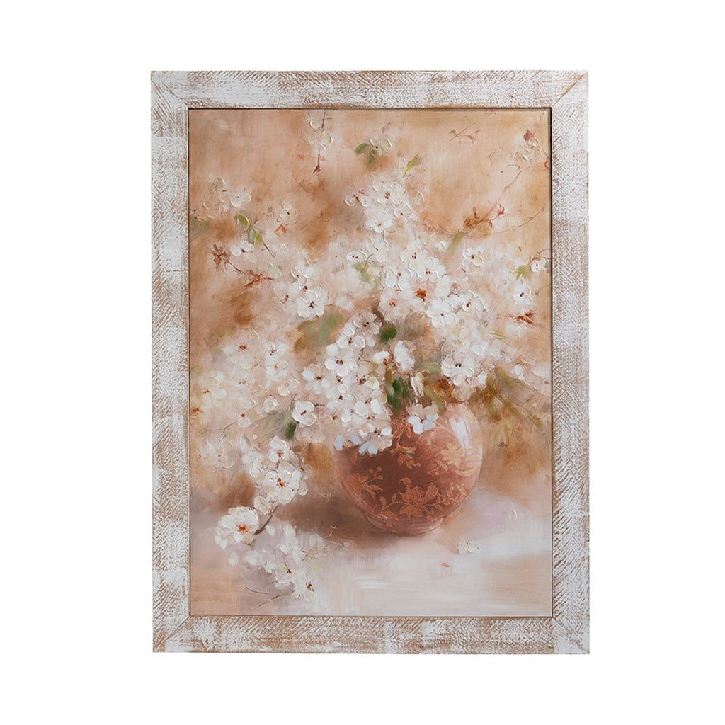 Hand-Painted Still Life Blossom Wall Art with Distressed Fir Wood Frame